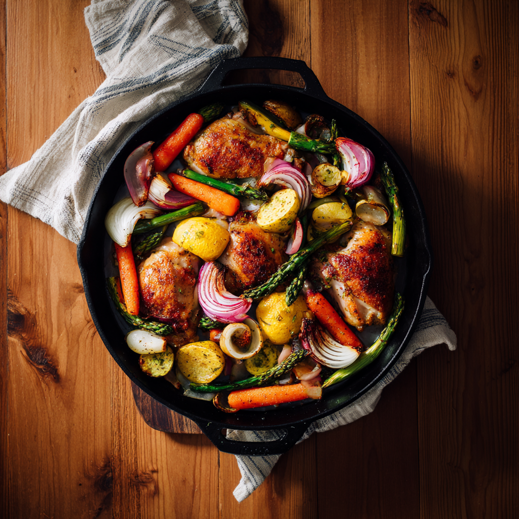 A pan of chicken and vegetables on a table.