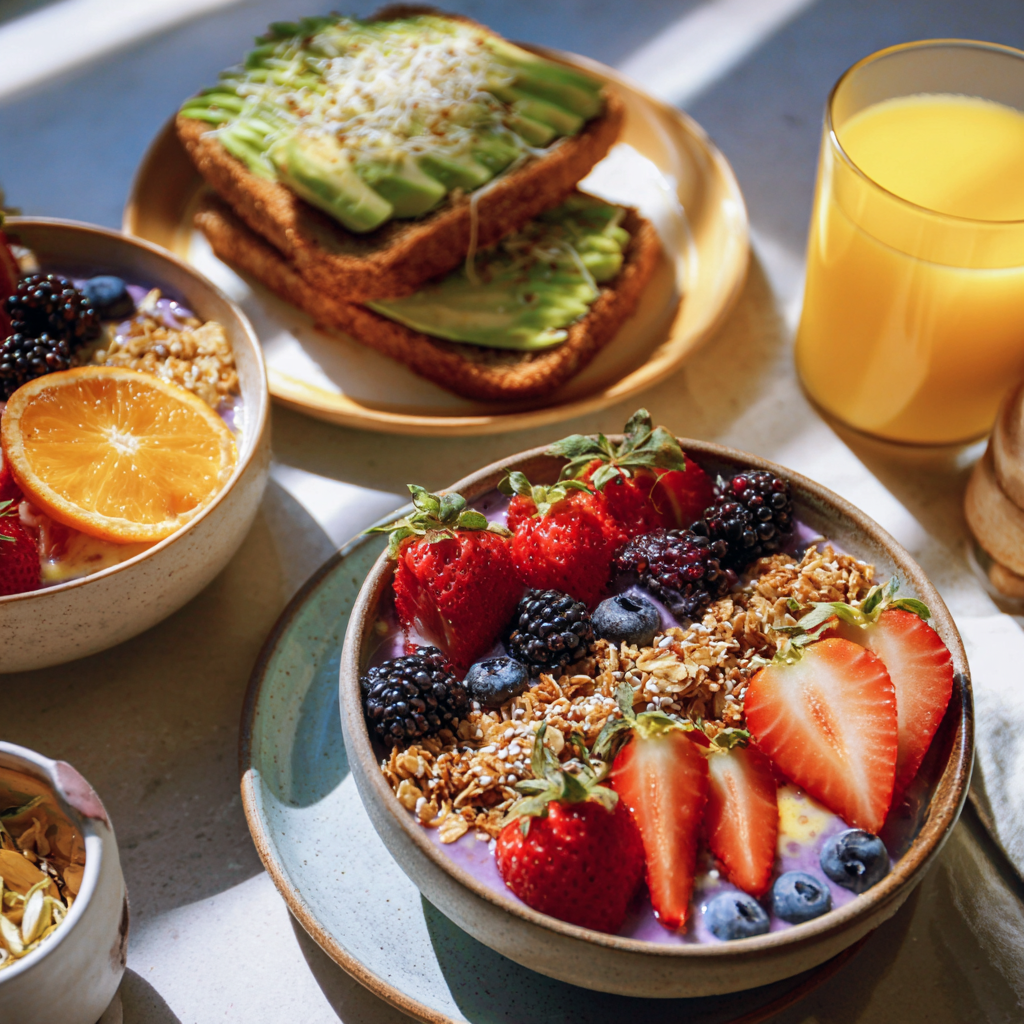 A bowl of fruit and granola.