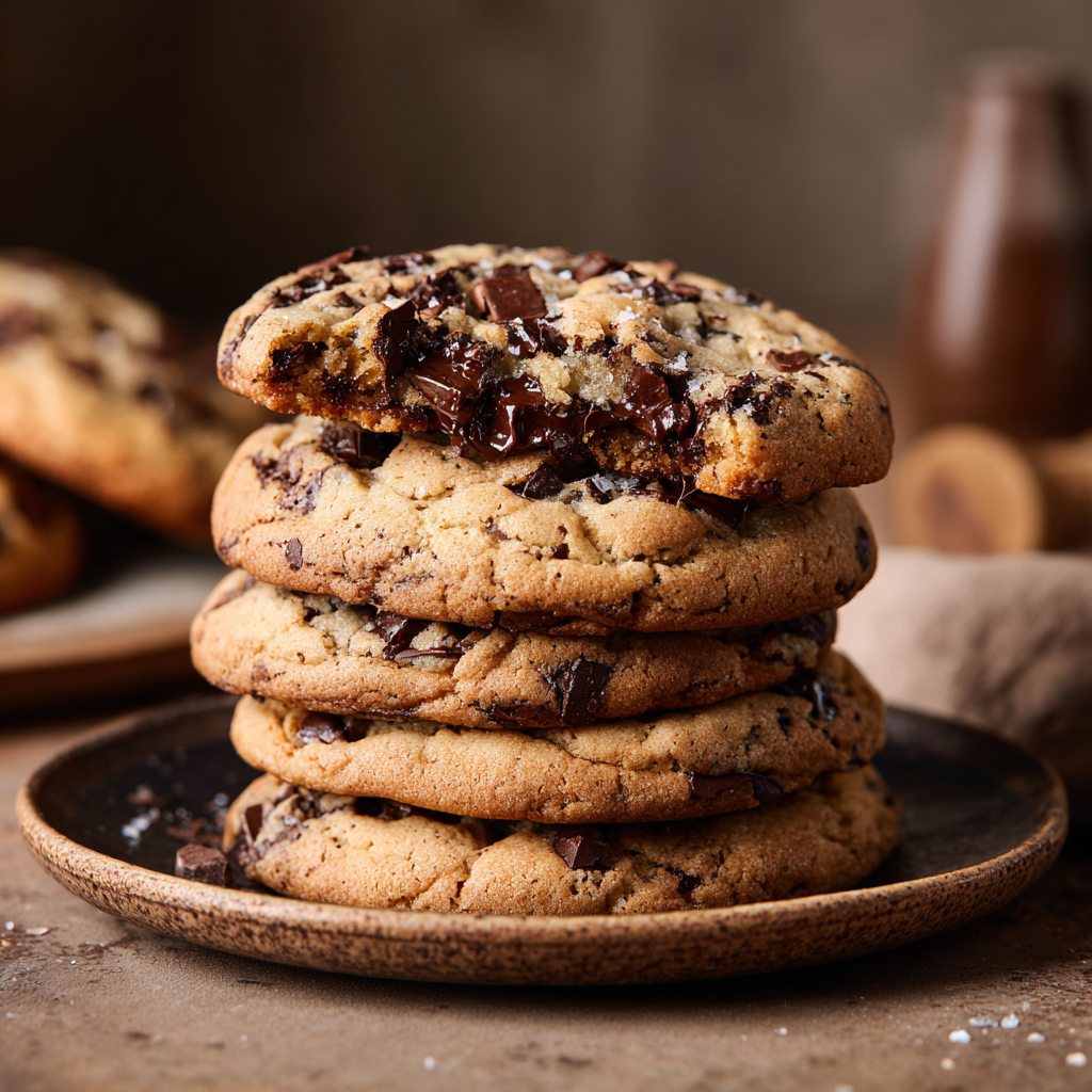 Chocolate chip cookies stacked on a plate.