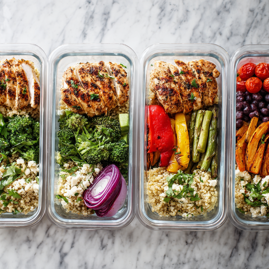 Four containers filled with different foods.