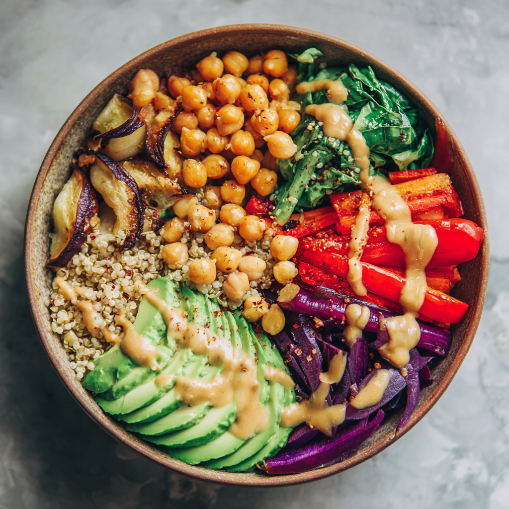 A bowl of vegetarian food with a variety of ingredients.