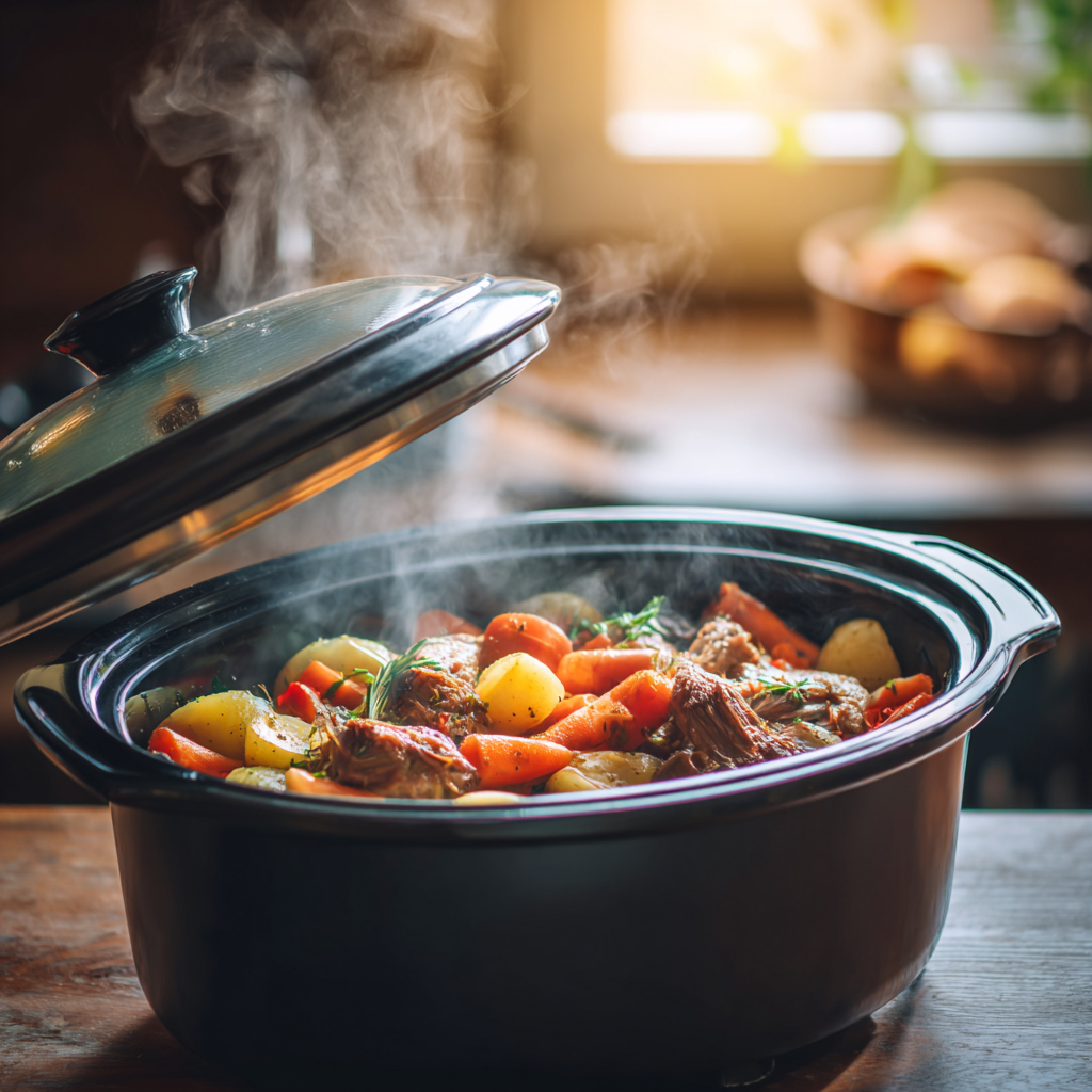 A pot of food is cooking on a stove.