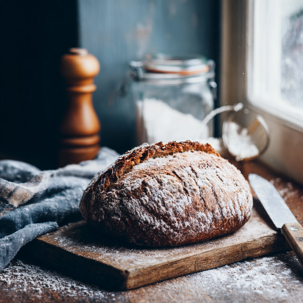 A loaf of bread on a cutting board.