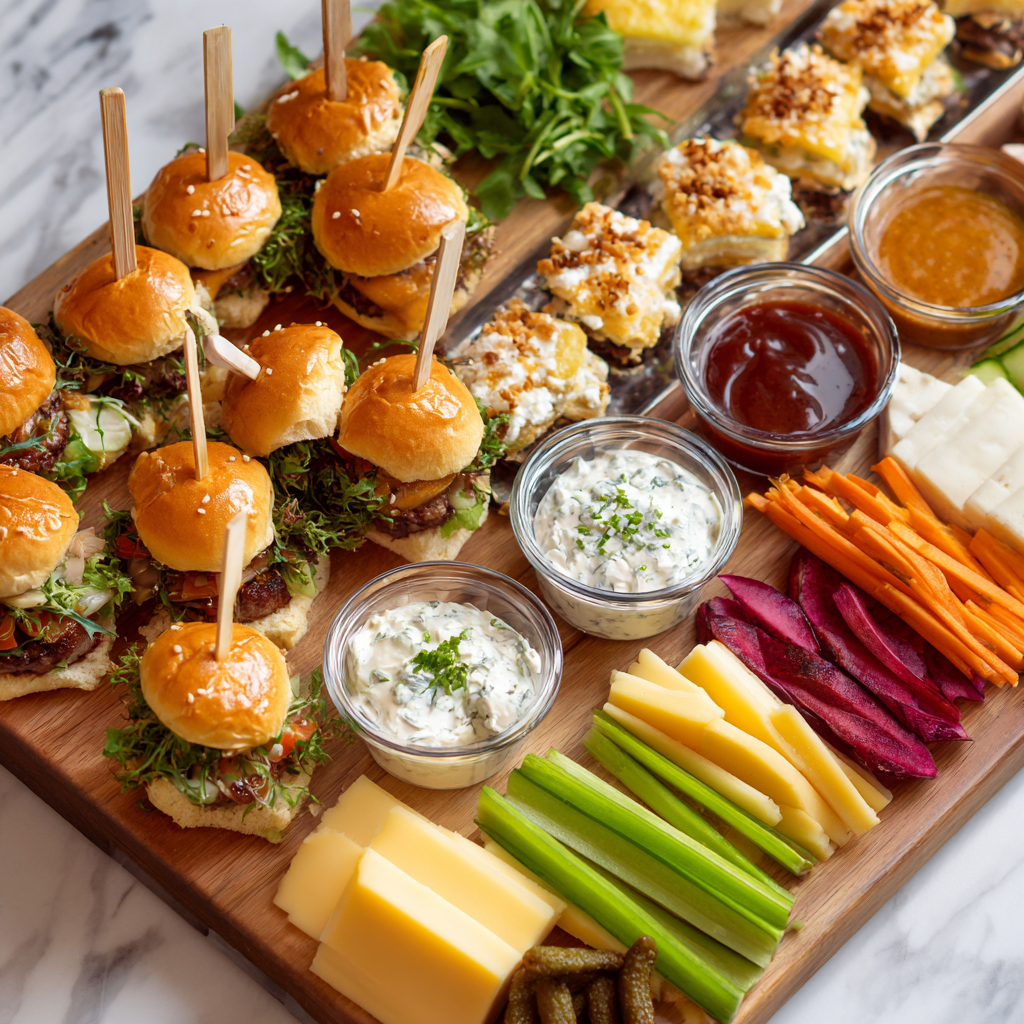 A wooden platter with a variety of appetizers and snacks.