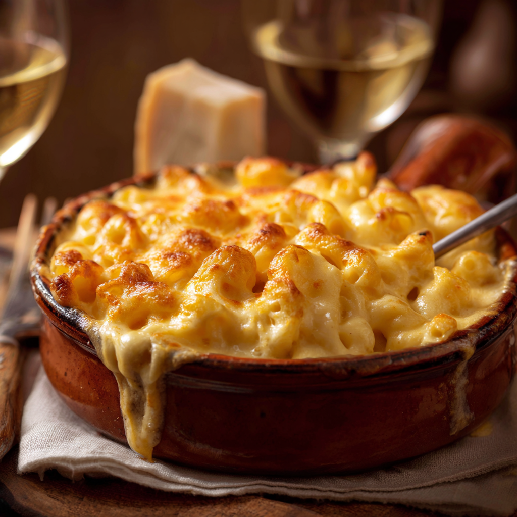 A bowl of macaroni and cheese with a knife and fork.