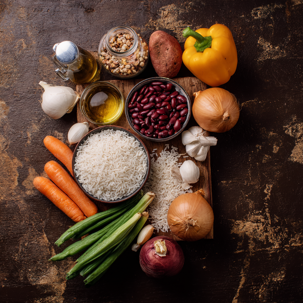 A table with various food items including rice, beans, carrots, onions, peppers, and potatoes.