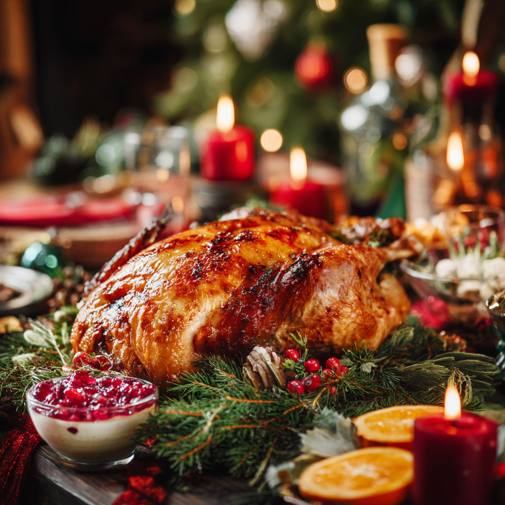A roasted turkey with a crown of pinecones and oranges.