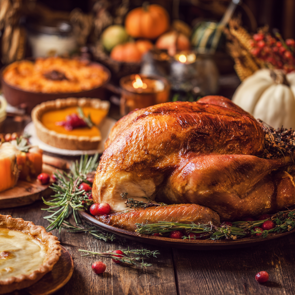 A table full of food for a Thanksgiving dinner.