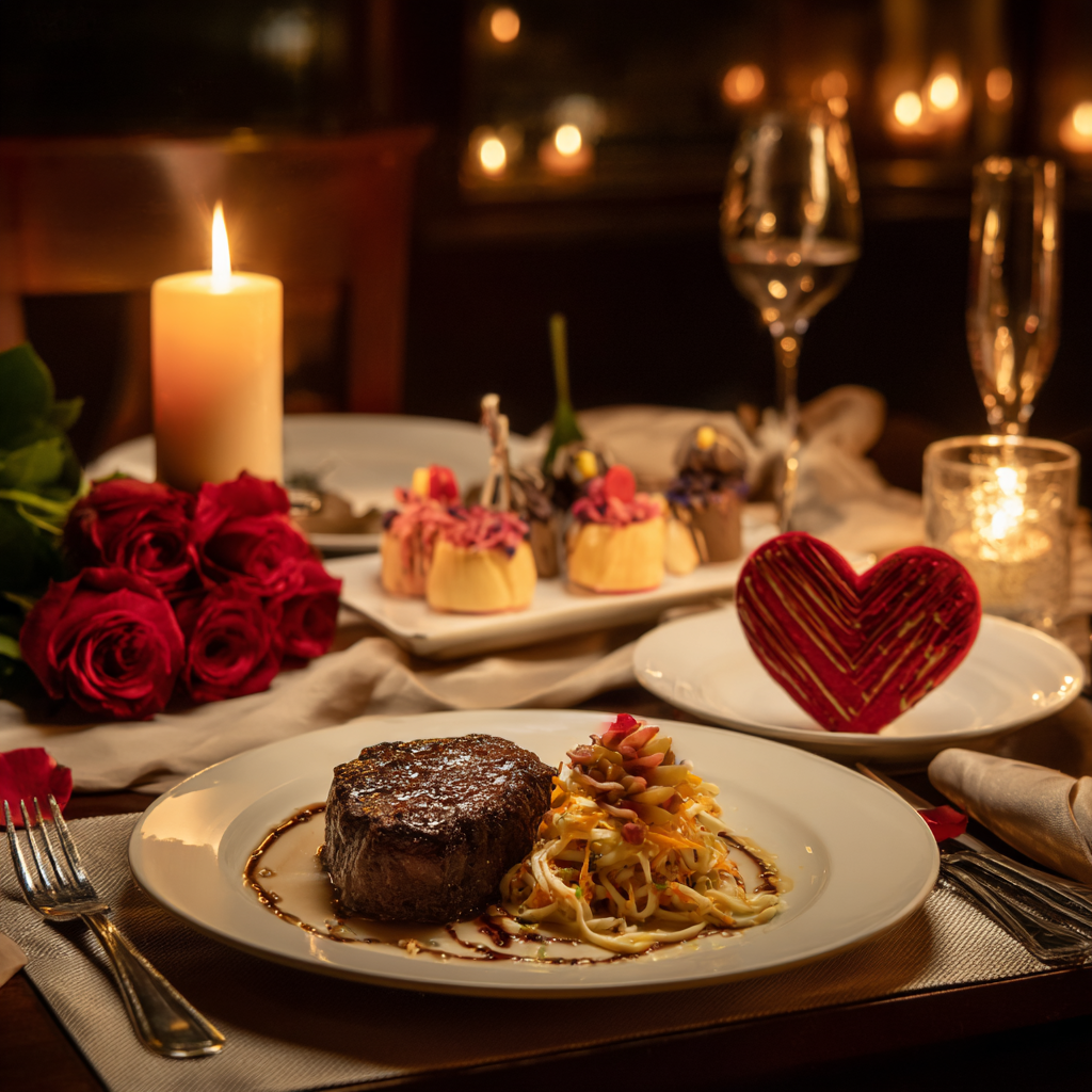 A plate of food with a heart shaped plate and a candle.
