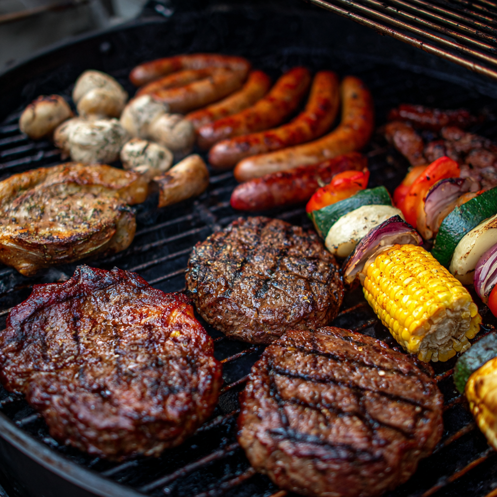 A BBQ grill with a variety of meats and vegetables.