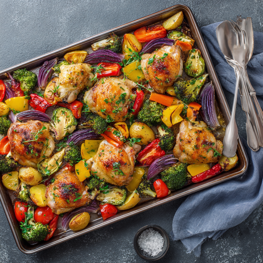 A pan of chicken and vegetables.