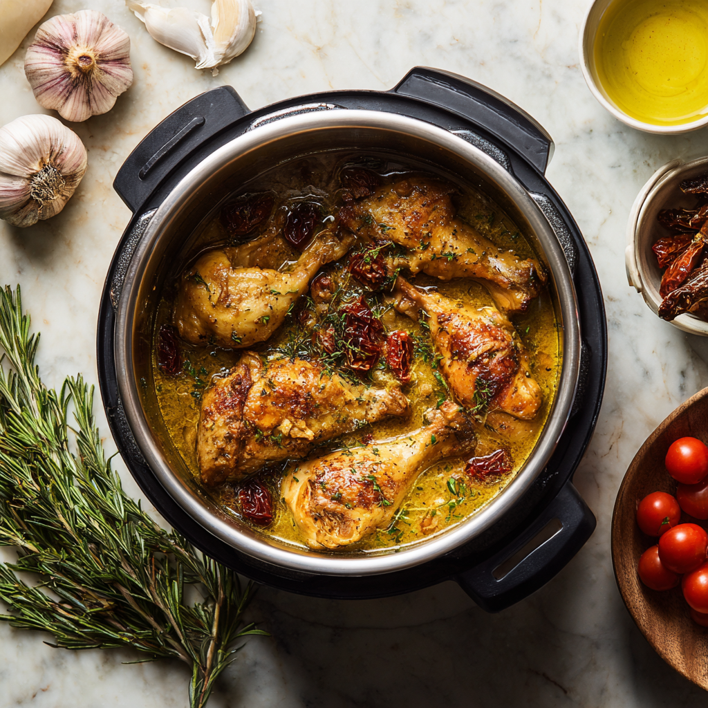 A pot of chicken with tomatoes and herbs.