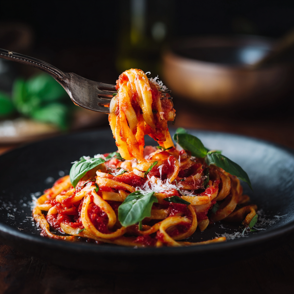 A fork is stuck in a plate of spaghetti.