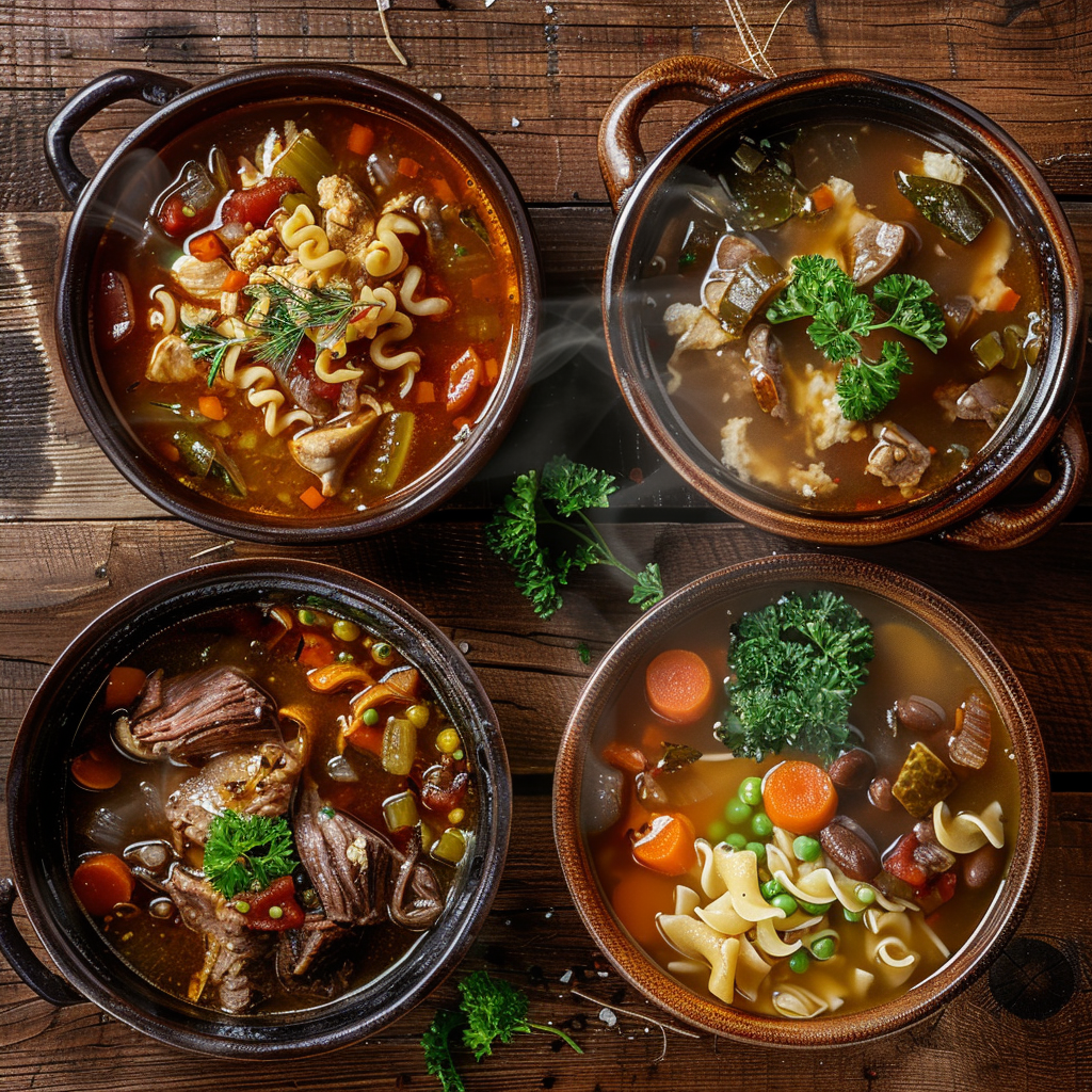 Four bowls of soup on a table.
