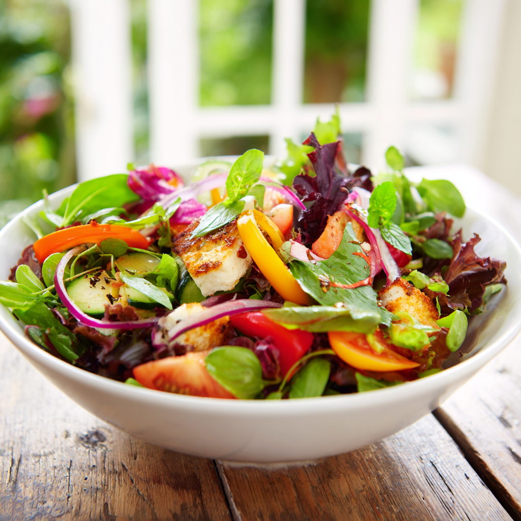 A bowl of salad with a variety of vegetables.