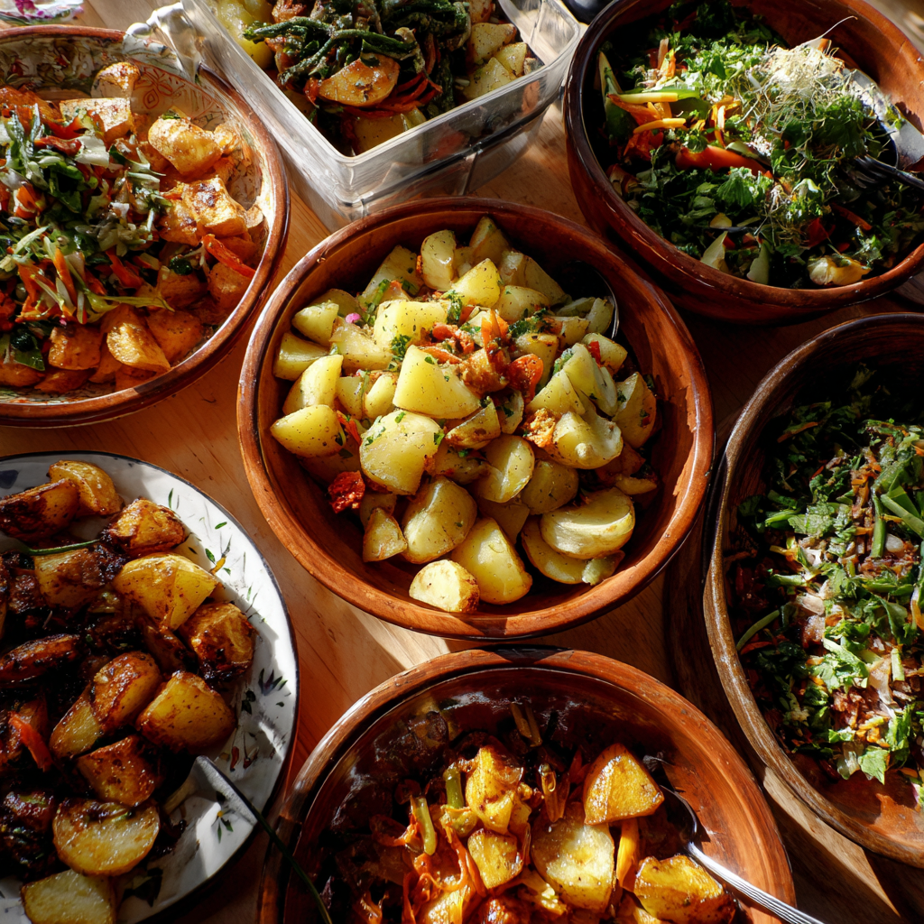 A variety of side dishes are displayed on a table.