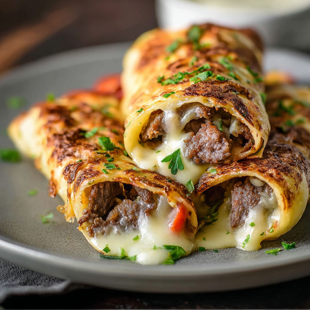 A plate of delicious keto Philly cheesesteak rolls.