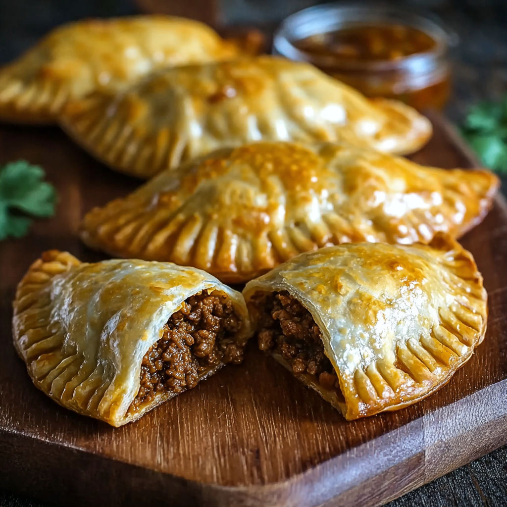 A wooden cutting board with four meat filled pastries.