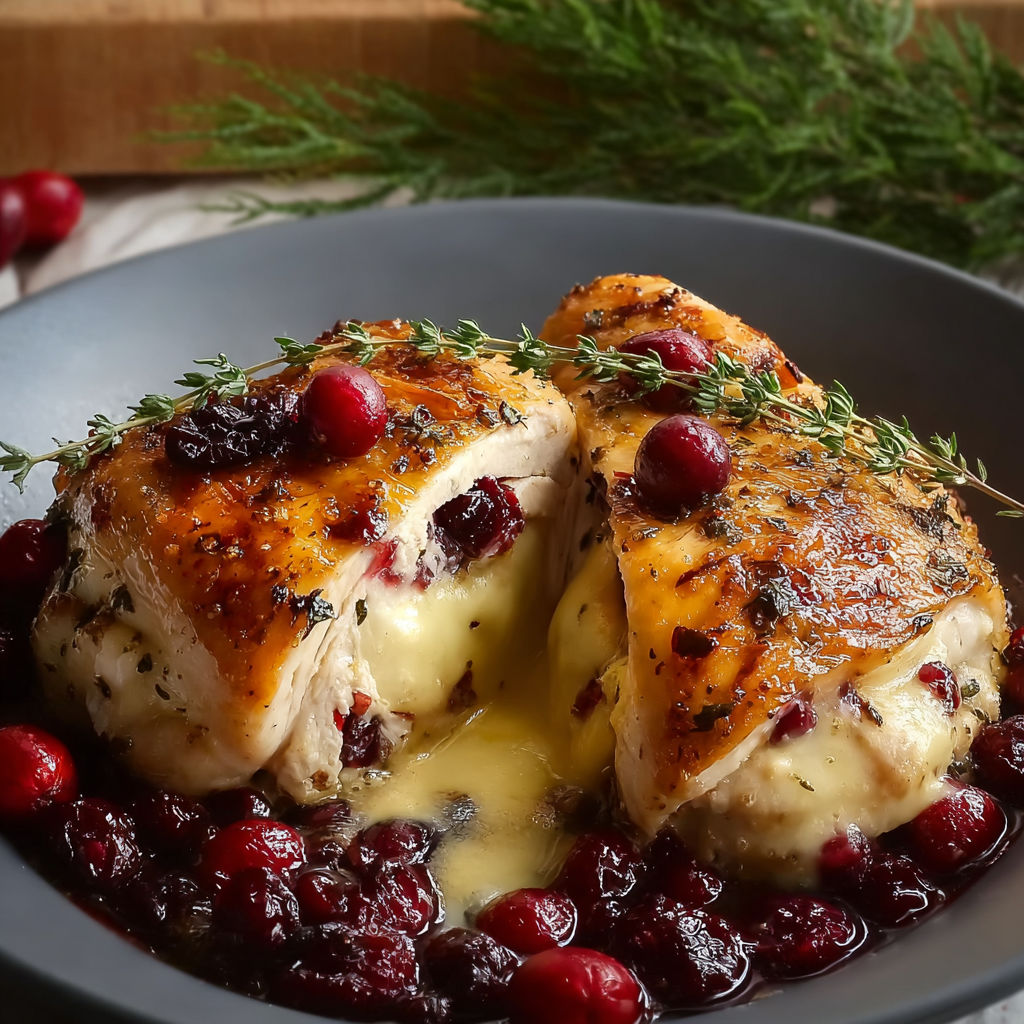 A plate of chicken with cranberry sauce and cheese.