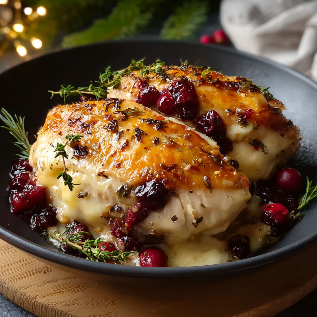 A plate of chicken with cranberries and cheese.