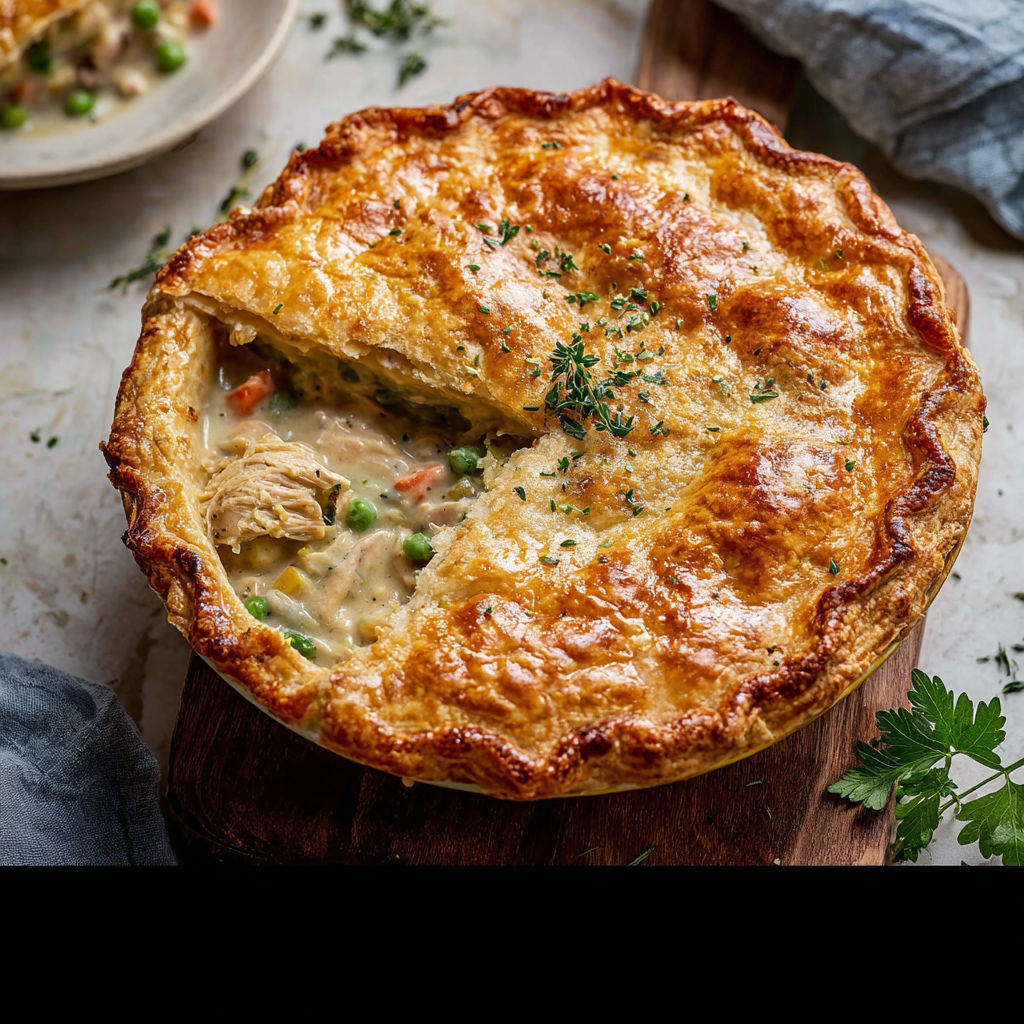 A chicken pot pie with a slice missing.