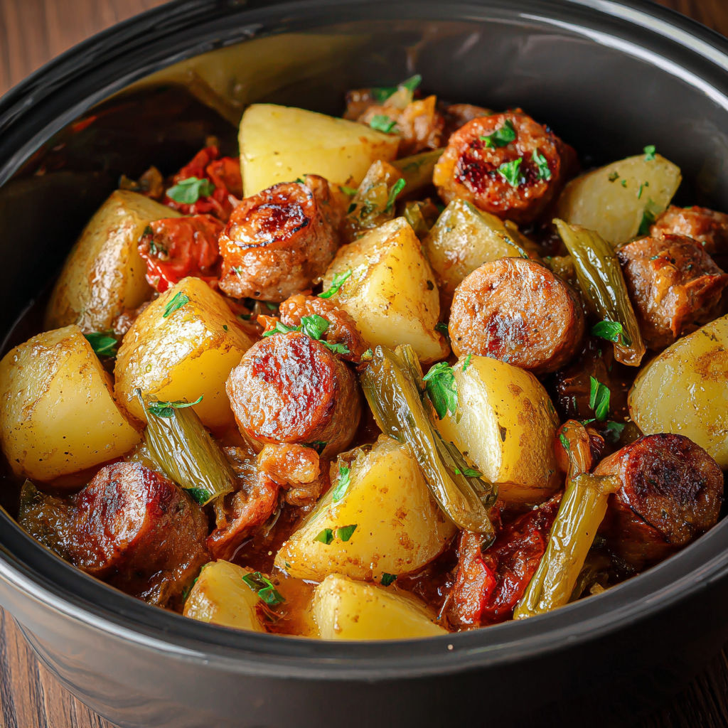 A bowl of sausage and potatoes.