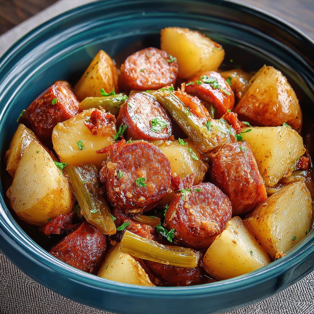 A bowl of sausage and potatoes.