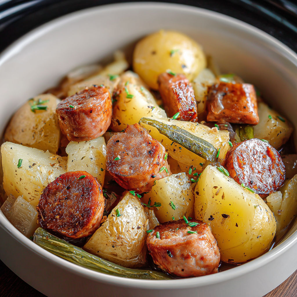 A bowl of sausage and potatoes.