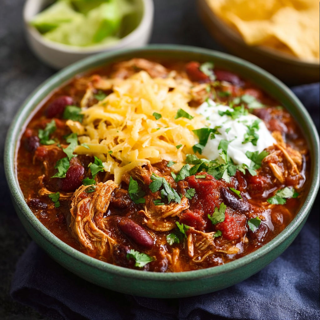 A bowl of slow cooker chicken chili with cheese and sour cream on top.