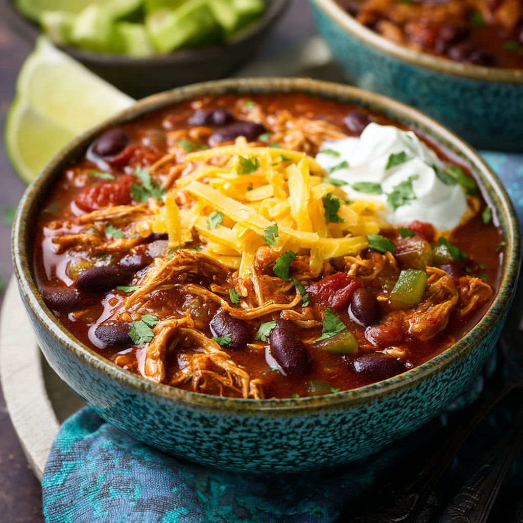 A bowl of chili with a spoon in it.