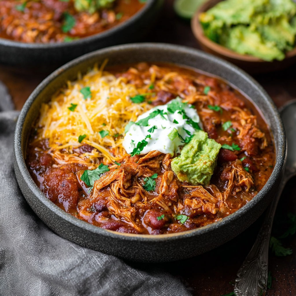 A bowl of slow cooker chicken chili with cheese and avocado.